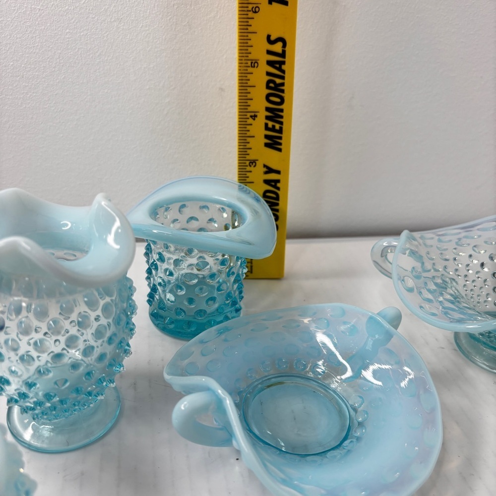 VTG Fenton Blue Opalescent Hobnail 7 pc lot Trinket Candy Dishes Votive Bud Vase - Picture 5 of 16